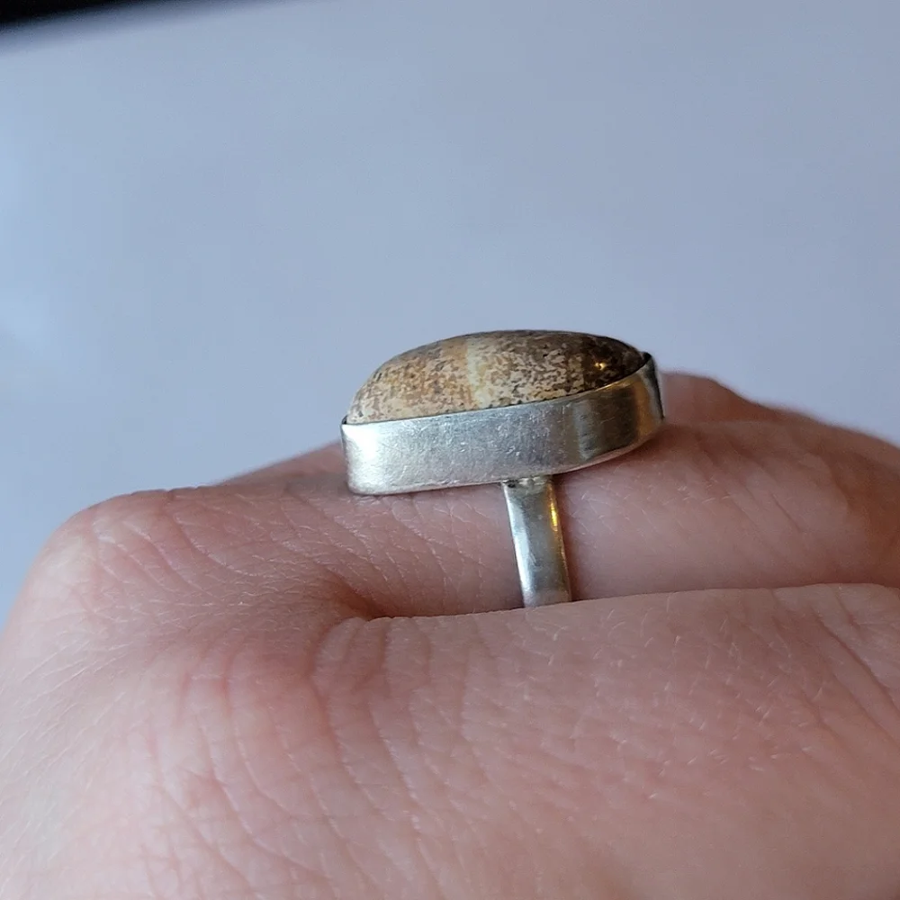 925 Picture Jasper Natural Stone Cabochon Ring Size 10 Silver Tone